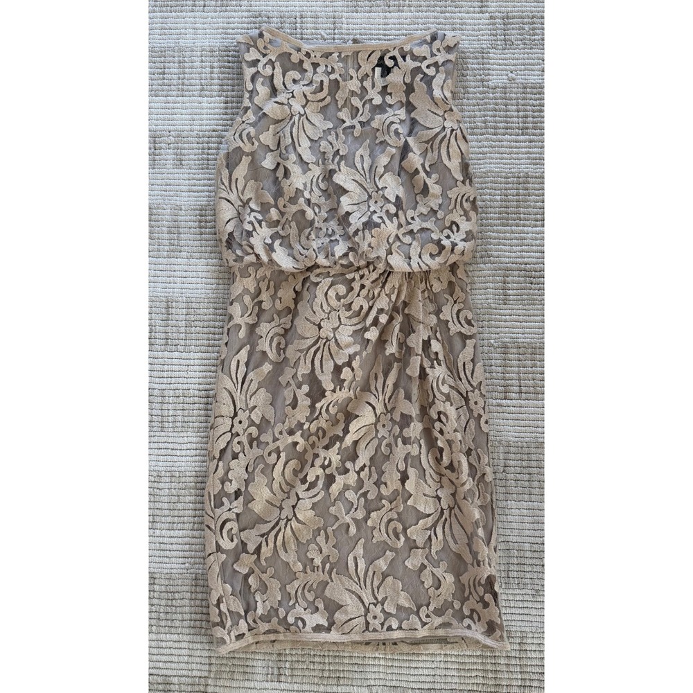 Tadashi Shoji Floral Lace Blouson Sheath Dress Taupe Metallic 4 3K918M